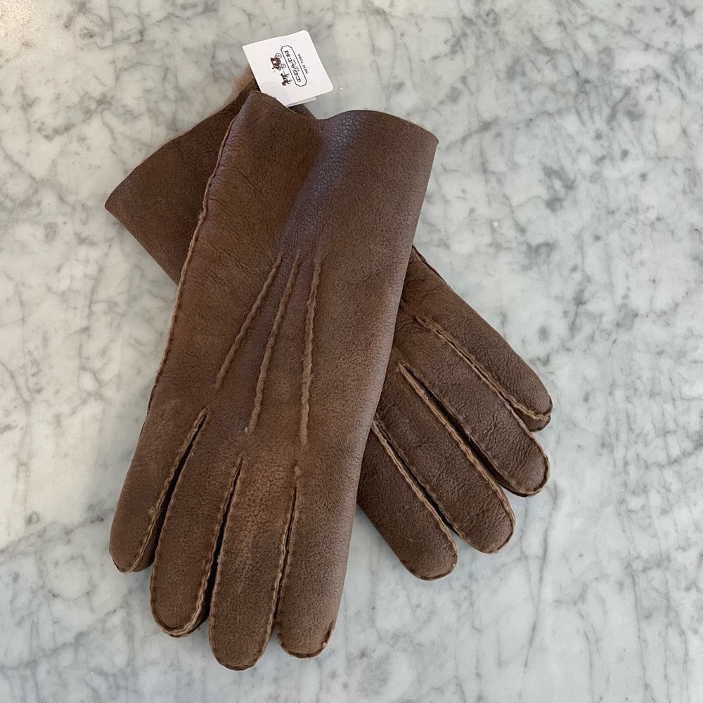 COACH Men’s Brown Leather Shearling Gloves - XL